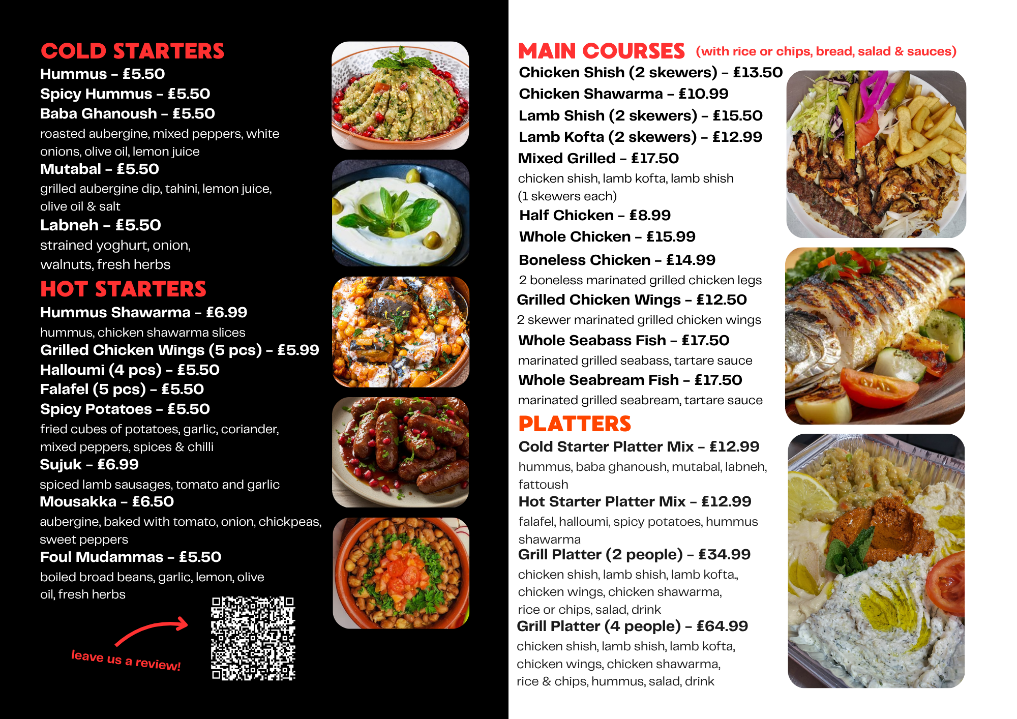 The Grill Bros menu with cold starters, hot starters, main courses and platters